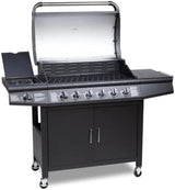 Gas BBQ Grill 7 Burner (6 Main + 1 Side Burner), Outdoor Barbecue with Warming Rack, Side Burner, Temperature Gauge, Weatherproof Cover, Black