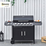 Gas BBQ Grill with 6 Main Burners and 1 Side Burner, Outdoor Barbecue Trolley, Warming Rack, Side Shelves, Storage Cabinet, Thermometer, Black