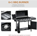 Gas BBQ Grill with 6 Main Burners and 1 Side Burner, Outdoor Barbecue Trolley, Warming Rack, Side Shelves, Storage Cabinet, Thermometer, Black