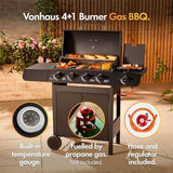 4+1 Burner Gas BBQ Grill, Outdoor Barbecue with Warming Rack, Side Burner, Storage Cabinet, Temperature Gauge, Wheels, Gas Hose & Regulator